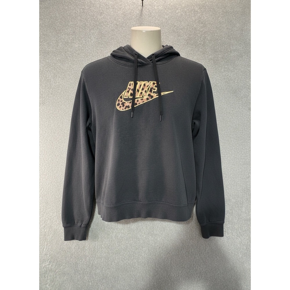 Nike Kids Black Leopard Print Logo Pullover Hoodie Gold Embroidery XS